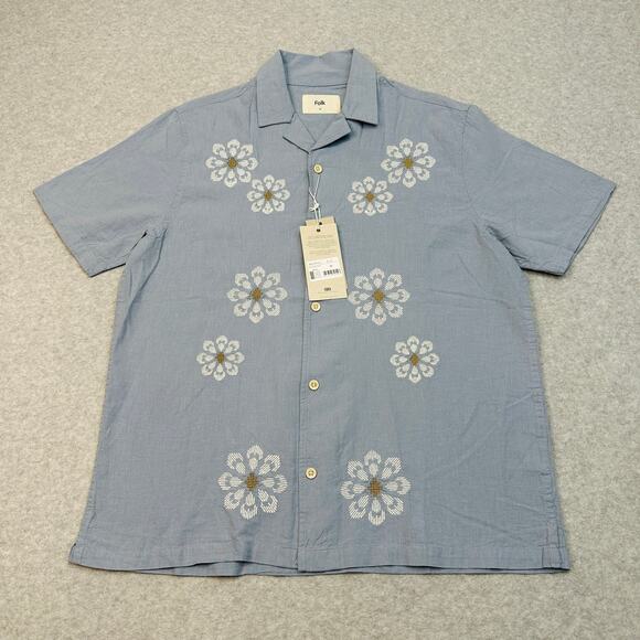 Folk Kota Short Sleeve Shirt M Light Blue White Gold Flower Embroidery Button Up - Picture 1 of 12